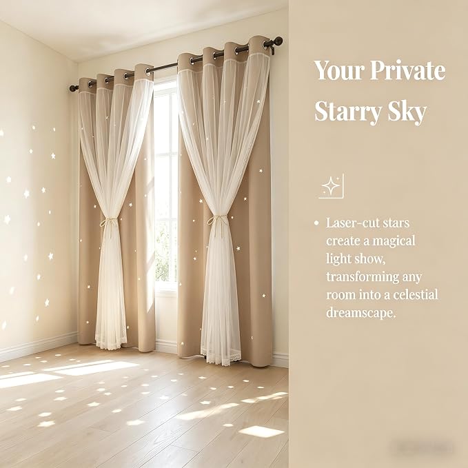 Blackout Curtains for Girl Bedroom/Living Room/Classroom, Sheer Overlay 63 Inches 2 Panel Set, Double Layer Curtains with Star Cutout for Kids Room(W 52 x L 63 Inches,Beige 2 Pcs)