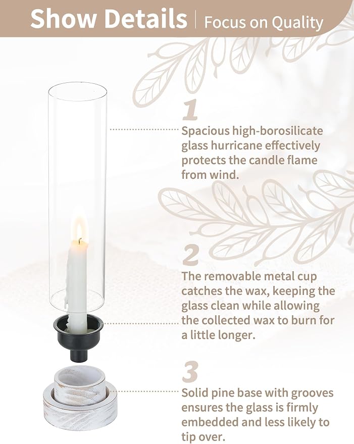 NUPTIO Hurricane Taper Candle Holders with Wax Catchers, Dripless, Set of 2 | Metal Bobeches Catch Drips, Distressed White Wood Bases, for Farmhouse Weddings Table Centerpieces, Home Decor, Easy Clean