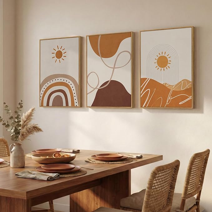Framed Boho Neutral Terracotta Abstract Wall Art Bedroom, 3 Piece Beige Orange Sun Arch Canvas Artwork for Walls, Mid Century Modern Rainbow Prints Wall Decor for Living Room Nursery Room, 16x24 Inch