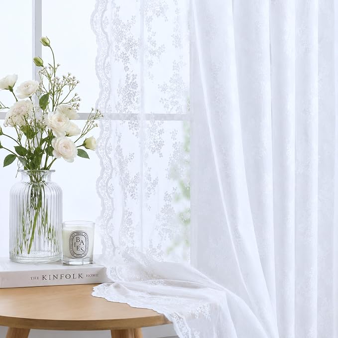 YJ YANJUN Vintage Lace Curtains 84 Inches Long Brilliant White 2 Panels | Floral Pattern,Sheer, Light-Filtering,French,All-space perfect,Rod Pocket