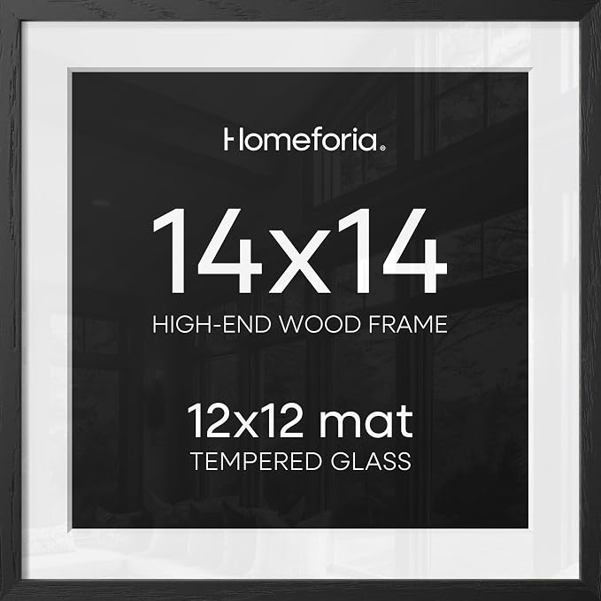 Homeforia 14x14 Black Wood Frame, High End Oak 14 x 14 Square Picture Frames with Mat 12 by 12 inches Photo, 14by14 Black Wooden Poster Frames Matted to 12x12 Print, Tempered Glass, Wall Kit, Set of 3