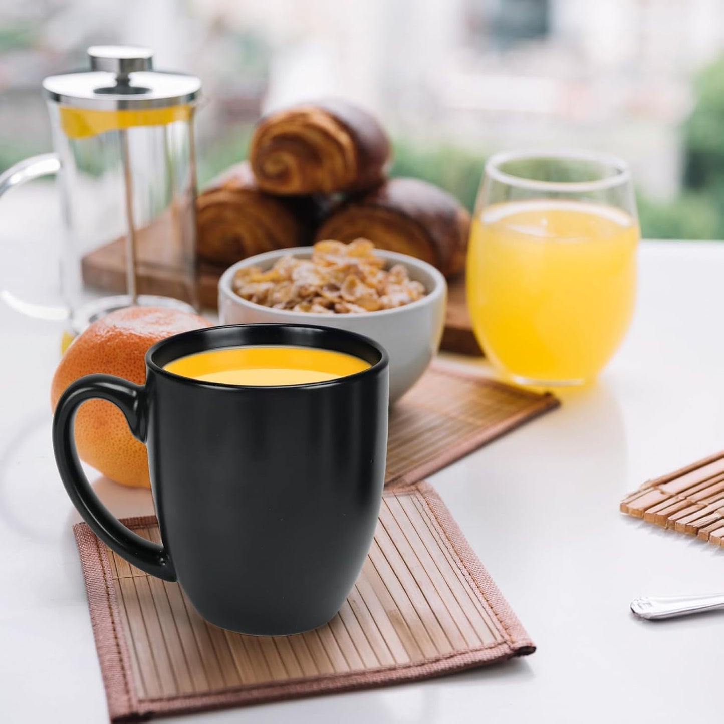 16 OZ Black Stoneware Mugs Set of 6, Large Ceramic Coffee Cups with Handle, Porcelain Mugs for Latte, Milk, Tea and Juice