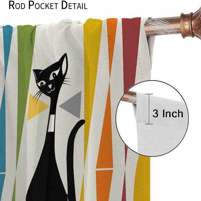 JESTRONRY Mid Century Style Curtains,Black Cat Modern Abstract Geometric Vintage Colorful Shape Pattern Theme Home Fabric Living Room Bedroom Kitchen Bathroom Decor 63x72in