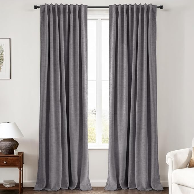 INOVADAY 100% Blackout Curtains 96 Inches Length 2 Panels Set, Back Tab/Rod Pocket Linen Black Out Curtains for Bedroom, Thermal Insulated Window Drapes - Dark Grey, W50 X L96