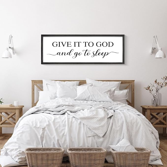 Give It to God and Go to Sleep Sign 42''×15'' Large Above Bed Wall Decor Farmhouse Bedroom Decor Wood Framed Guest Room Decor Wall Art Rustic Master Bedroom Wall Decoration (Black)