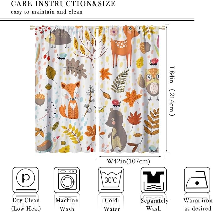 Kids Boys Girls Curtains, Jungle Animal Autumn Forest Cartoon Deer Rabbit Fox Owl Print Pattern Window Drapes for Nursery Baby Bedroom Playroom Living Room 2 Panel Sets,84x84 Inch