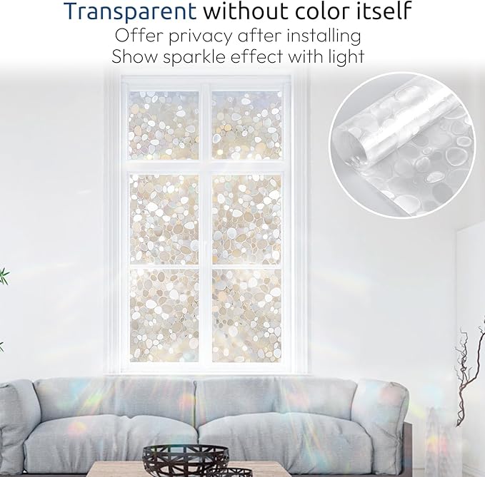 rabbitgoo Window Privacy Film, Decorative Rainbow Window Clings for Glass Covering, Static Cling Non Adhesive Door Stickers UV Blocking, Stained Glass Vinyl Decal, 3D Pebble, 17.5 x 118.1 inches