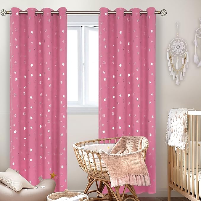 BGment Pink Curtains for Girls Bedroom 84 Inch Length, Star and Moon Blackout Curtains for Kids Babys Bedroom, Room Darkening Thermal Insulated Window Grommet Curtains for Nursery, 52 Wide, 2 Panels
