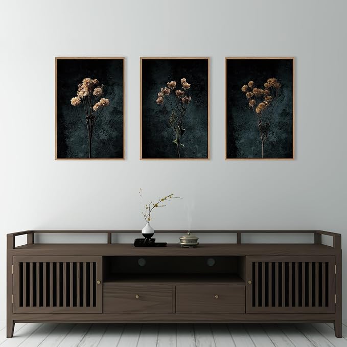 LHIUEM Dark Moody Wildflowers Framed Canvas Wall Art Set,Minimalist Wildflower Wall Decor,Vintage Black Flower Botanical Painting, Aesthetic Floral Artwork for Living Room,Bedroom,Office-24''x36''x3