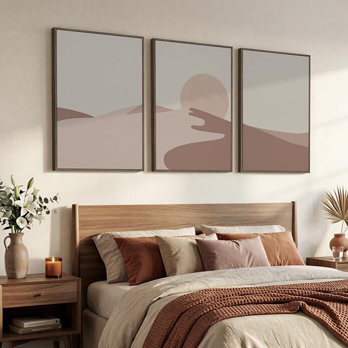 Large Framed Neutral Earth Tone Desert Wall Art for Living Room, 3 Piece Abstract Minimalist Sunset Landscape Canvas Artwork for Walls, Mid Century Modern Boho Wall Decor for Bedroom Hallway, 24x36 In