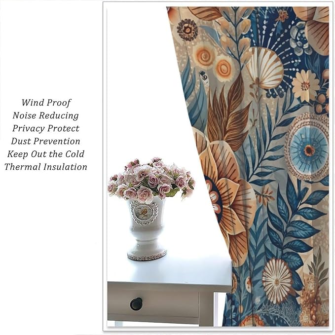 Bohemian-Style Floral Blackout Curtains, Suitable for Bedrooms and Living Rooms, Featuring A Vintage Botanical Pattern, Providing Insulation and Warmth, in Navy Blue and Brown52X84 Inch