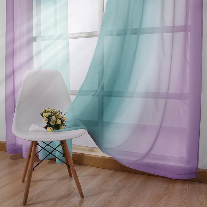 DWCN Ombre Sheer Curtains - Faux Linen Semi Voile Grommet Top Gradient Curtains for Bedroom and Living Room, Set of 2 Window Curtain Panels, 52 x 84 Inch Length（Teal and Purple