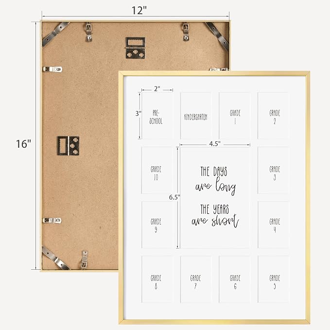 12x16 School Picture Frame K-12, Collage Frame for School Years, Gold | Elegant Gold K-12 Frame with 13 Openings: One 5x7 & Twelve 2.5x3.5 for Pre-K to 12th Grade | Wall Kit Included