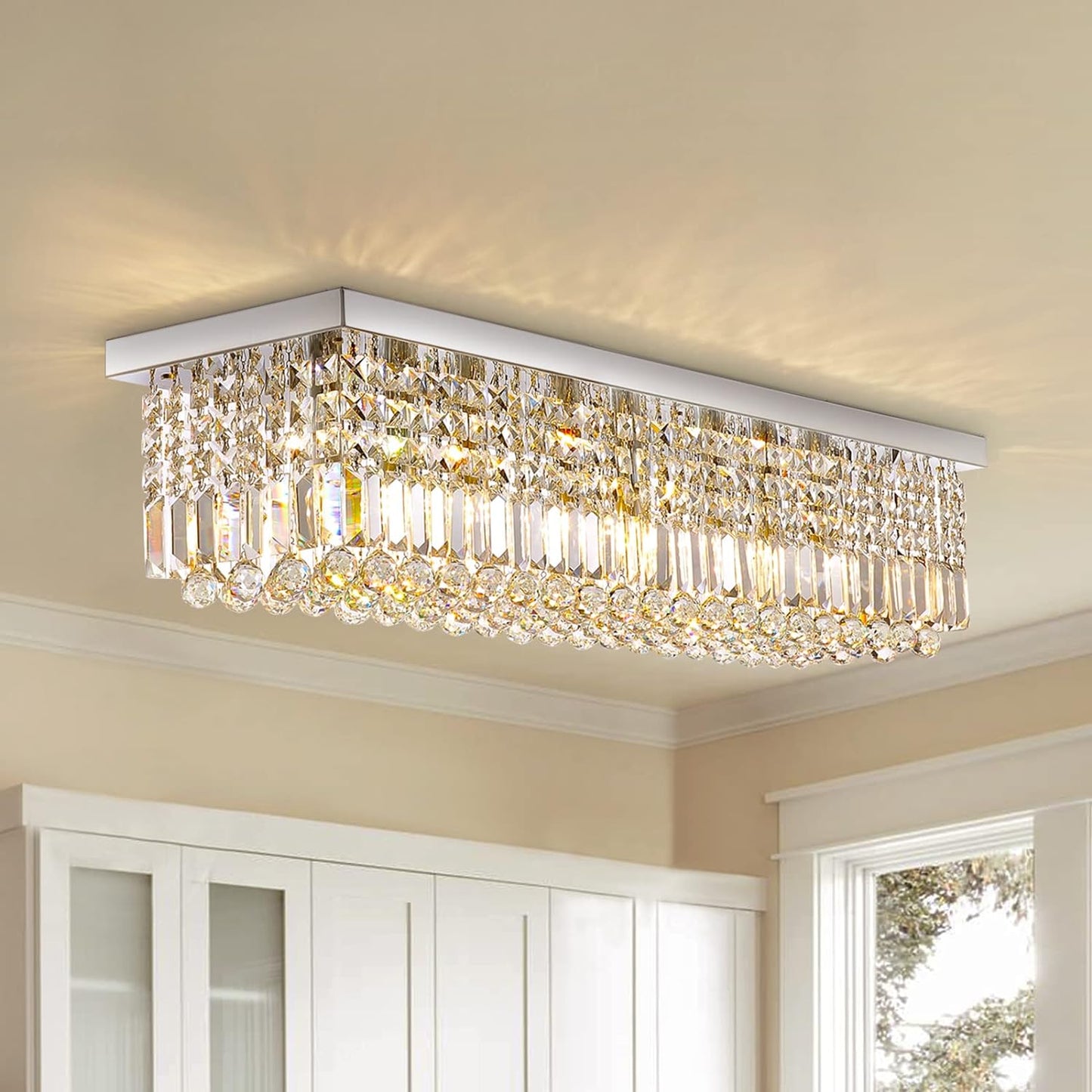 Siljoy Modern Crystal Chandelier 6-Lights Rectangular Flush Mount Pendant Ceiling Light Fixture Rectangle K9 Crystal Raindrop Chandelier for Dining Living Room Kitchen Island L31.5'' x W10'' x H10'