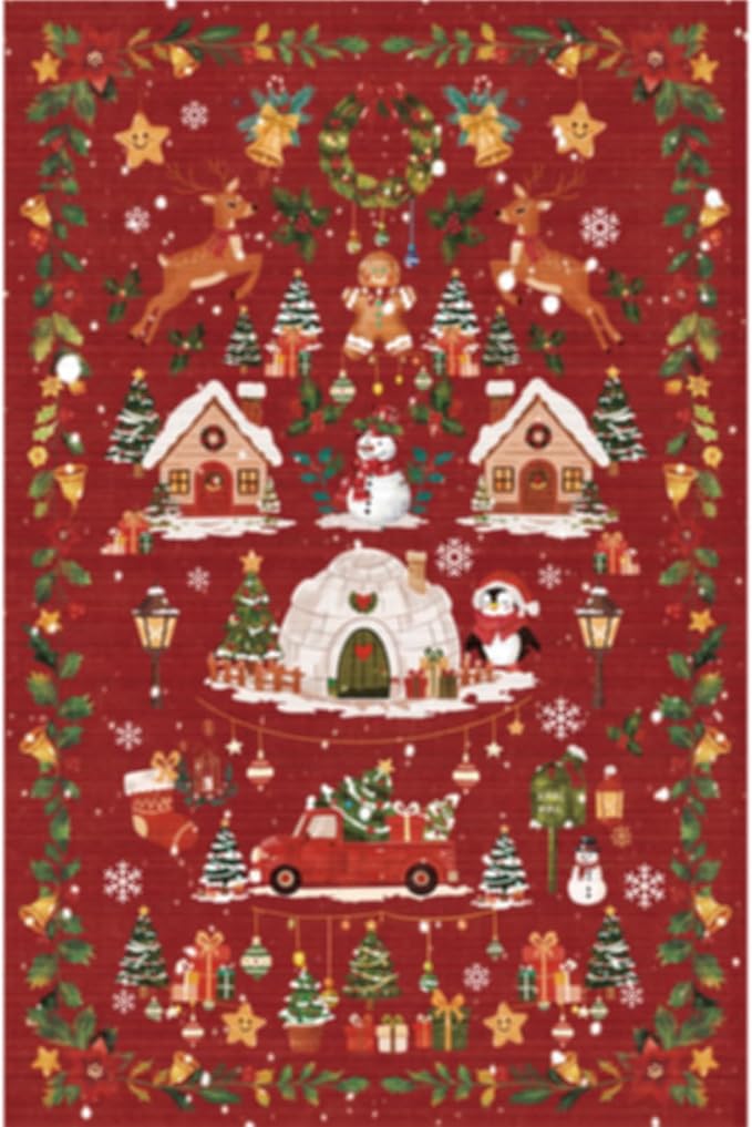 Christmas Runner Rug 2x5 for Hallway - Red Non Slip Washable Low Pile Carpet Santa Claus Holiday Decor Water Resistant Throw Rug for Kitchen Entryway Laundry Ultra Soft Bedroom Beside Mat（2x5,Red）