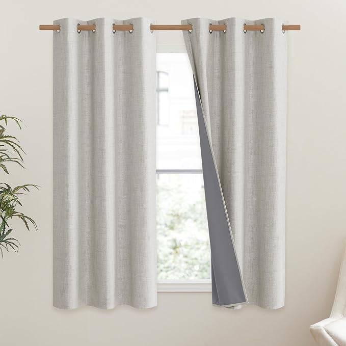 NICETOWN Snowbound Vintage Linen 100% Blackout Curtains for Classroom, Thermal Insulated Curtains 63" Long, Noise Reducing Window Treatment Drapes for Gym Room, 42" Wide Per Panel, Set of 2