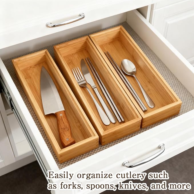 10 Pcs Bamboo Drawer Organizer 9 x 3 x 2 Inch Stackable Bamboo Silverware Tray Wooden Utensil Storage Box Small Gadget Holder for Kitchen Bathroom and Vanity