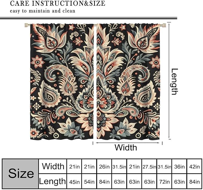 Vintage Floral Blackout Curtains, Bohemian-Style Natural Botanical Paisley Pattern Window Treatments for Bedrooms, Living Rooms, and Offices55X63 Inch