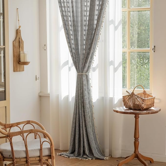 Deeprove Dark Grey Boho Tassel Curtain 96 inches Length for Home Hallway Bedroom Nursery, Bohemian 96 inches Long, Gray Hollow Shabby Chic Stripe Embroidery Privacy Window, W52 x L96, 1 Panel