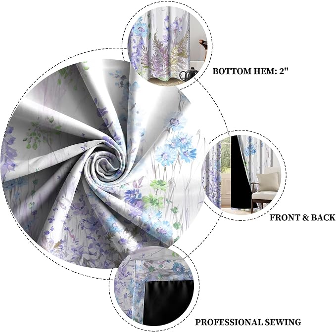 Renaiss Purples Blue Floral Print Blackout Curtains, Pastel Wild Flowers Thermal Insulated Bedroom Window Curtains, Spring Floral Art Window Drapes for Living Room, 96" L x 53" W 2 Panel Set