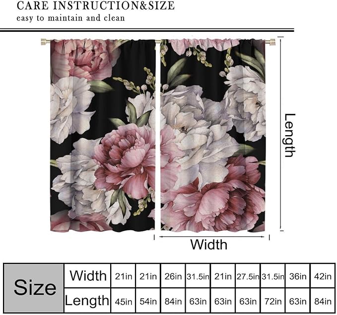 Black Boho Floral Decor Curtain Vintage Watercolor Rose Peony Retro Pink Blossom Flowers Rustic Spring Leaf for Home Kitchen Livingroom Coffee Room Window Drapes 2Panel 41" W X 62" L