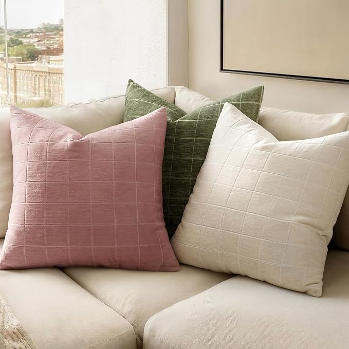 MIULEE Blush Pink Plaid Decorative Throw Pillow Covers 18x18 Set of 2 | Vintage Check Chenille Couch Pillows Neutral Boho Farmhouse Cushion Covers Modern Home Decor for Sofa Bed Living Room