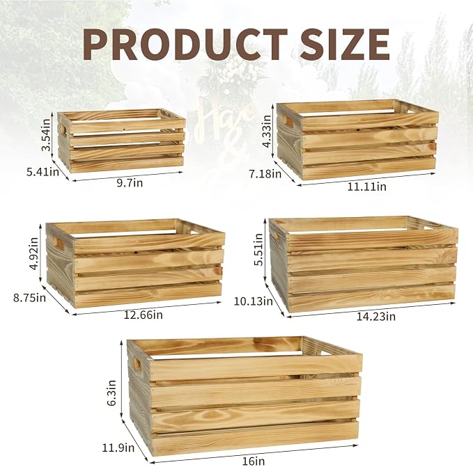 5 Pcs Wooden Crates for Display, Nesting Wood Crate for Storage, 5 Size | Farmhouse Weddings Wooden Basket for Storage Container and Decorations, Rustic Wood Crates for Farmers Market, Birthday, DIY