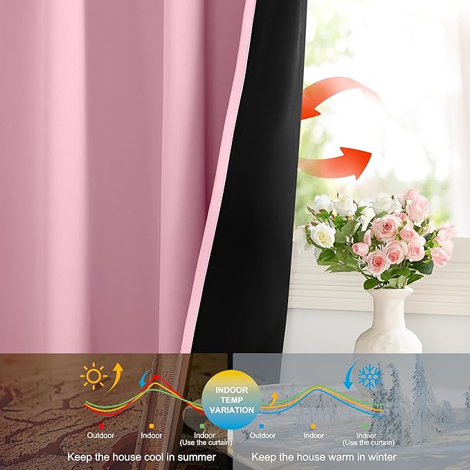 NICETOWN Crystal Pink Double Layered 100% Blackout Curtains, 2 Panels 52 x 84 Inches, Thermal Insulated Drapes with Rod Pocket Back Tab Window Treatments for Bedroom, Girl's Room