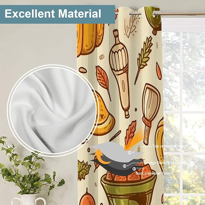 Shrahala Thanksgiving Seamless Pattern Blackout Window Curtains, Pumpkin Apple Pear Leaves Thermal Insulated Curtains Grommet Top Window Drapes for Living Room, Bedroom (2 Panels, 52 x 84 in)