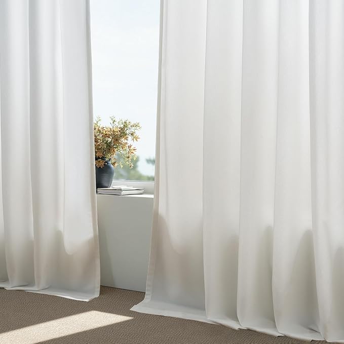 Beige White Pinch Pleated Linen Curtains 96 Inch Length 2 Panels for Bedroom Living Room Textured Semi Sheer Window Curtain Boho Neutral Back Tab Pinch Pleat Drape with Hooks 96 Inches Long