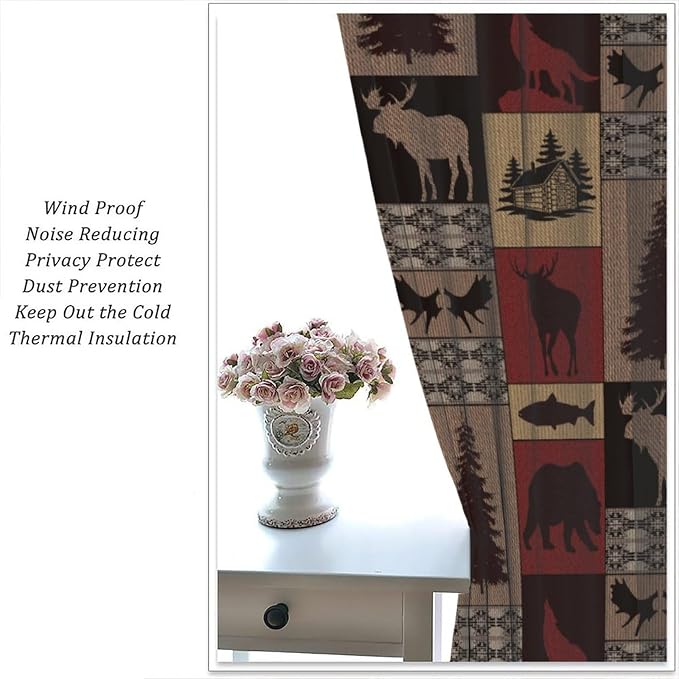 Retro Animal Blackout Curtains for Kitchen Rural Retro Old Forest Hunting Cabin Farmhouse Deer Elk Wolf Bear Wildlife Vintage Windows Treatments for Bedroom Living Room 42x63in