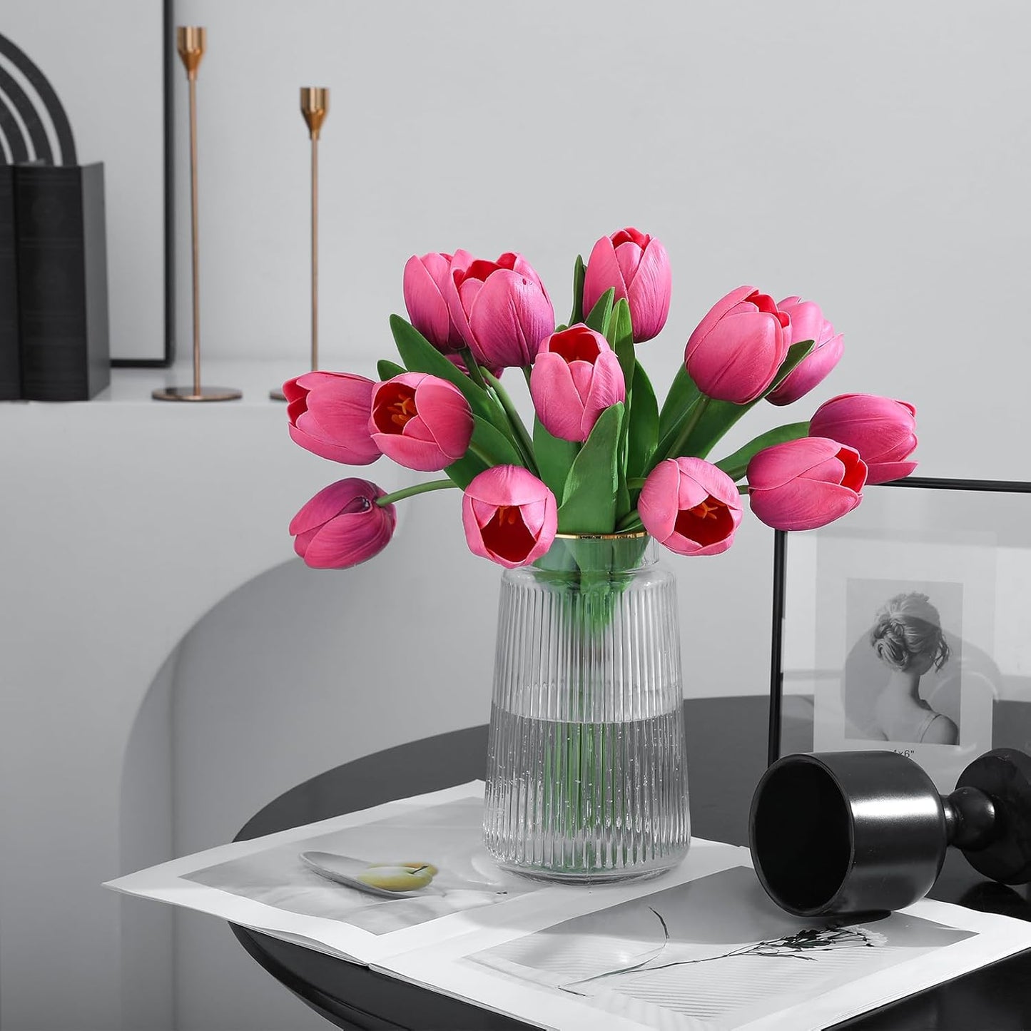 Deep Pink Artificial Tulips, 2 Bundles 14Pcs, Fake Tulips Artificial Flowers, 2 x 2.4 Inch Large Flower Head Big Tulip, Easter Valentine's Day Mother's Day Home Decoration Flowers