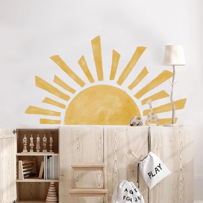 Large Boho Half Sunrise Wall Decals Peel and Stick, Watercolor Sun Decal Sunrise Wall Murals Stickers, Sunshine Wall Stickers for Kids Room Playroom Nursery Bedroom, 47.28" x 26.40"