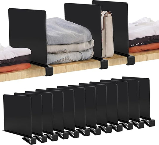JOY DECOR 12 Pack Acrylic Matte Black Shelf Dividers for Closets Organizer and Storage Adjustable Vertical Wood Shelf Closet Separators for Clothes,Book,Bags in Bedroom and Kitchen