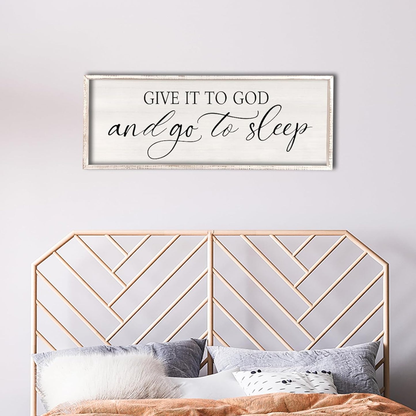 comurdyo Give It To God And Go to Sleep Sign 40''×15'' Master Bedroom Above Bed Wall Decor Wood Framed Couple Large Farmhouse Guest Room Rustic Simple Over Bedside Wall Art Hanging Decor (White)