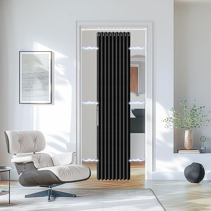 AJAZZ Set: Curtain Rods No Drilling (38-53" W Adjustable Range) & Accordion Door Curtain, Black 53W×78" L, Accordion Doors for Closet Doorway Room Divider