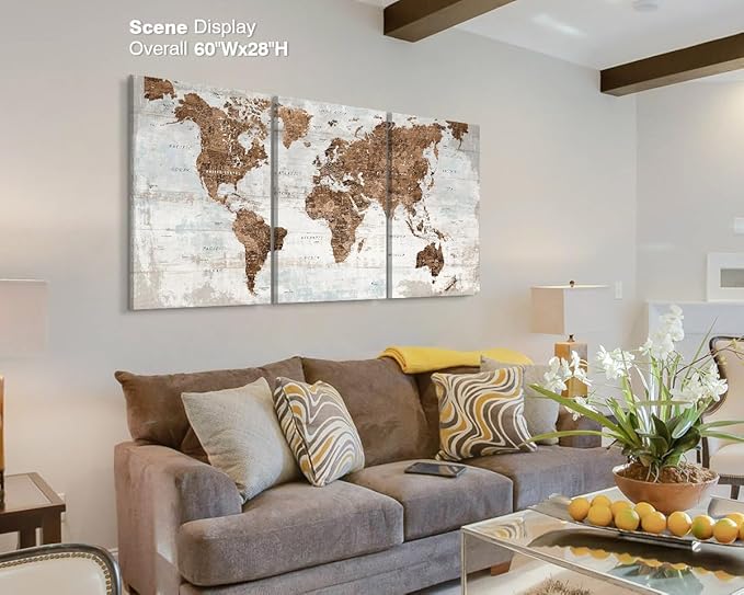 Office Wall Art Canvas World Map Motivational Living Room Pictures | Large Framed Vintage Wall Decor for Men Women Bedroom Home Travel Global Brown Artwork