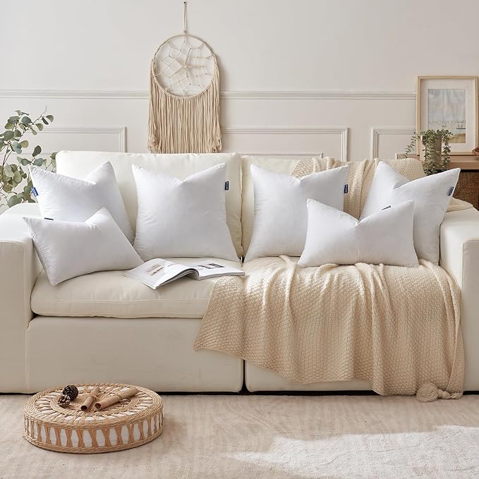 MIULEE 18 x 18 Goose Feather Down Pillows with 100% Cotton Cover, Set of 2 Soft Fluffy Decorative Pillow Inserts for Sofa Bed Couch Living Room White