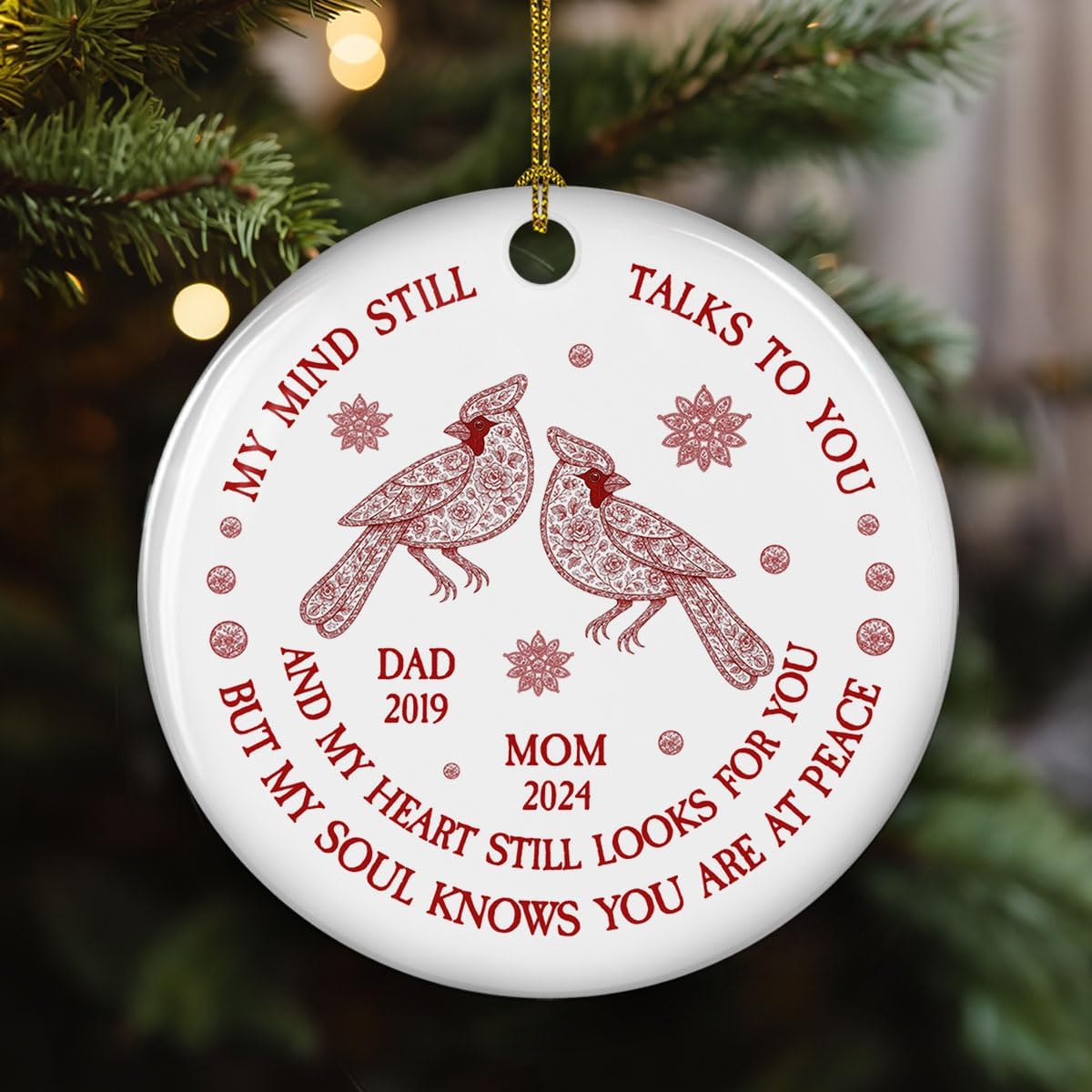 Personalized Memorial Christmas Ornament Toile De Jouy Style - My Mind Still Talks to You, Custom Name Remembrance Ceramic Ornament for Loss of Loved Ones, Sympathy Gifts for Deceased