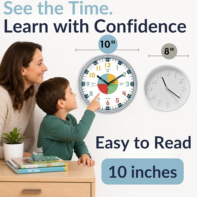 OWLCONIC Clock for Kids – Educational Analog Learning Wall Clock, Non Ticking Teaching Clock for Classroom & Homeschool, Silent Kids Bedroom Décor Multicolor