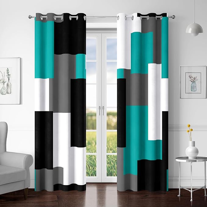 Tyrot Teal/Turquoise 100% Blackout Curtains for Bedroom 72 inch Length 2 Panels Set White Grey Modern Abstract Geometric Black Out Curtains Room Darkening Window Drapes for Living Room, 52Wx72L