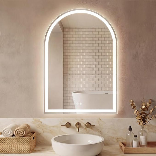 Sweetcrispy 28“×36” LED Bathroom Backlit Mirror with Lights, Arched Vanity Mirror with Anti-Fog, Dimmable, 3-Color Light, Memory Function, Tempered Glass