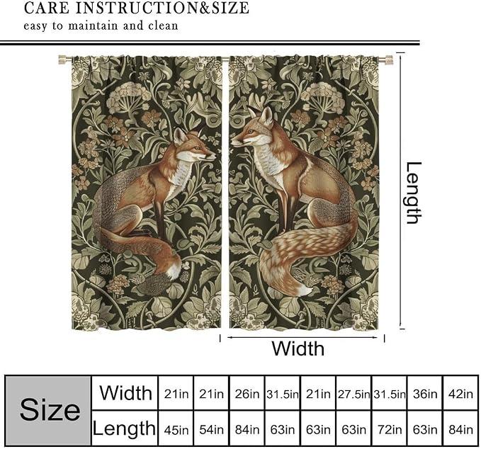 William Morris Blackout Curtains, Rustic Forest Fox Flower Botanical Art Rustic Window Drapes, for Bedroom Living Room 72" W X 63" L