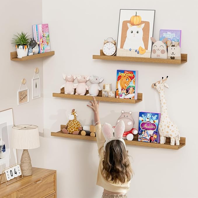Heimlove 20 inch Picture Ledge Shelf Set of 8,Long Floating Shelves for Wall,Oak Picture Shelf with Lip for Wall Decor,Living Room Bedroom Bookshelf Photo Frames Nursery Book Shelves for Storage