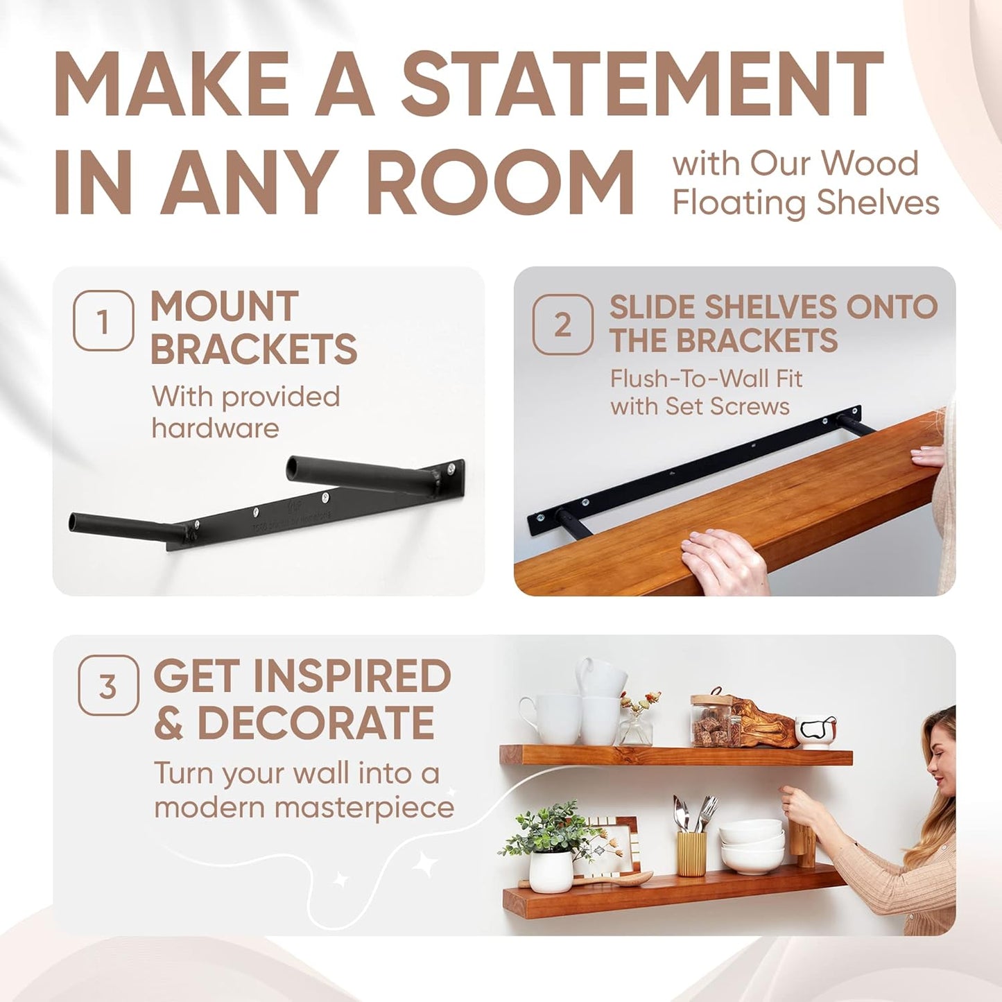 Homeforia Oak Floating Shelves 36 inches Long, High End Solid Real Wood 36 inch Floating Shelf for Room Wall, Honey Oak Wooden 36inch Kitchen Shelves, Heavy Duty Bracket, 36 X 6.5 X 1.75 in, Set of 2