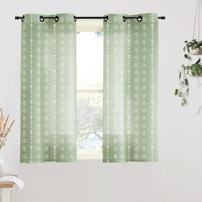 Bathroom Window Curtain,Short Sheer Linen Boho Floral Sage Green Kitchen Curtains 45 Inch Length