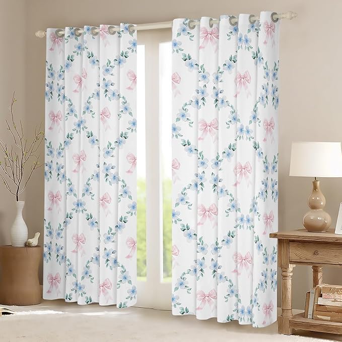 Erosebridal Pink Kawaii Ribbon Bow 52" Wx84 L Curtain for Kids Girls Teen,Blue Flowers Plaid Bowknot Window Treatments Cute Girly Bow Window Curtain Plant Floral Leaves Curtains & Drapes