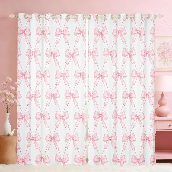 Feelyou Bow Room Darkening Blackout Curtain Boys Girls (2 Panels, 38 x 54 Inch) Pink Girls Bow Curtains for Bedroom Living Room Cute Bowknot Blackout Curtains Kawaii Window Treatments