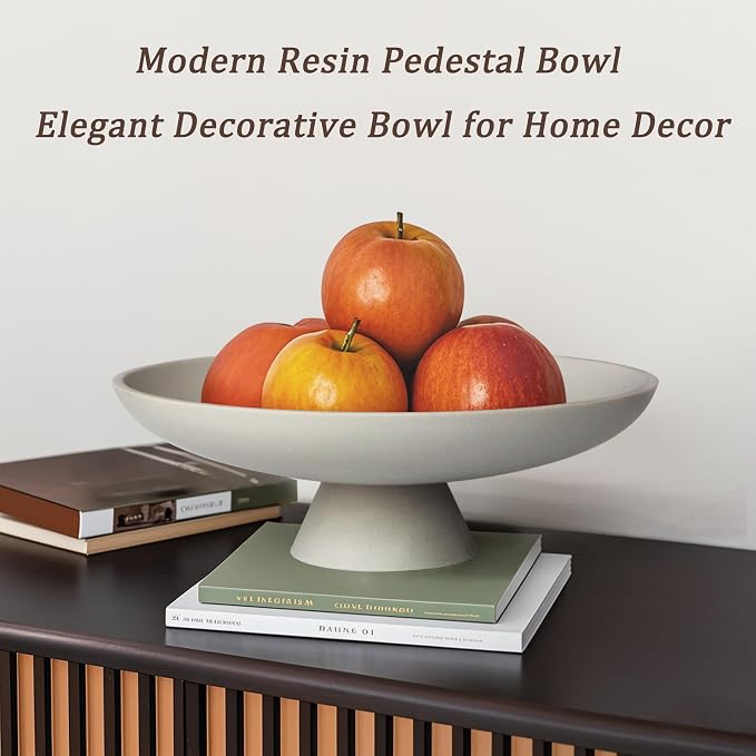 YMXYJM Modern Resin Pedestal Decorative Bowl, Large Fruit Bowl for Kitchen Counter, Stylish Key Bowl for Entryway Table, Grey