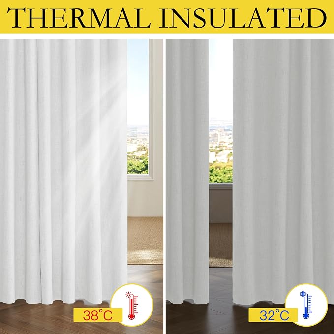 NICETOWN 100% Absolutely Blackout Linen Curtains with Thermal Insulated Grey Liner, Greyish White, 52 inches Wide, 84 inches Length Energy Saving Curtains for Living Room 2 Panels Set, Vertical Blinds